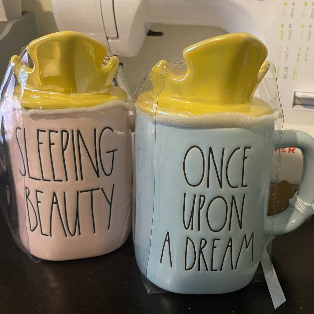 Rae Dunn Sleeping Beauty Mugs with Crown Lid, Set of 2, Brand New